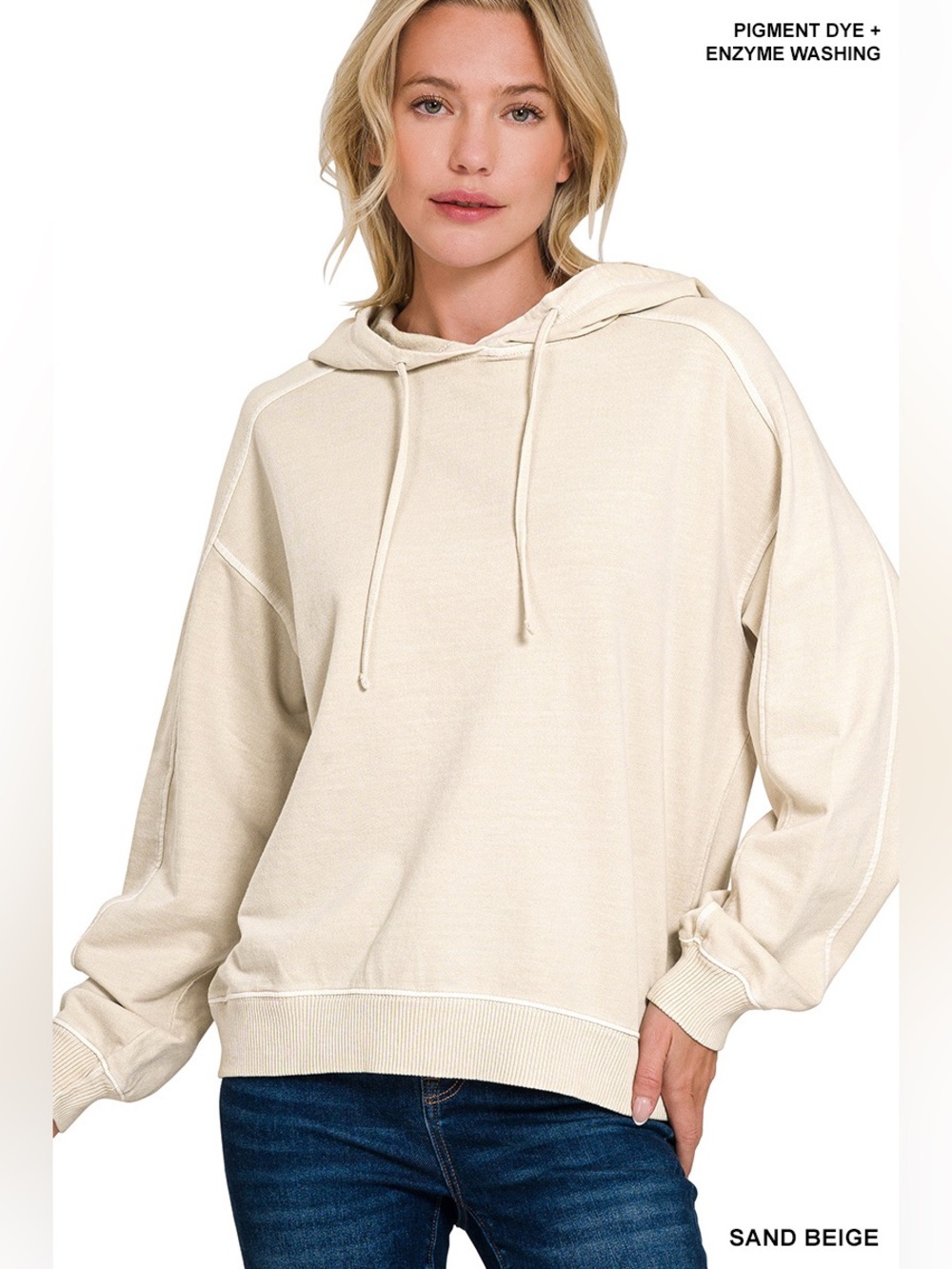 Zenana Sand Beige Pigment Dye & Enzyme Washed French Terry Hoodie